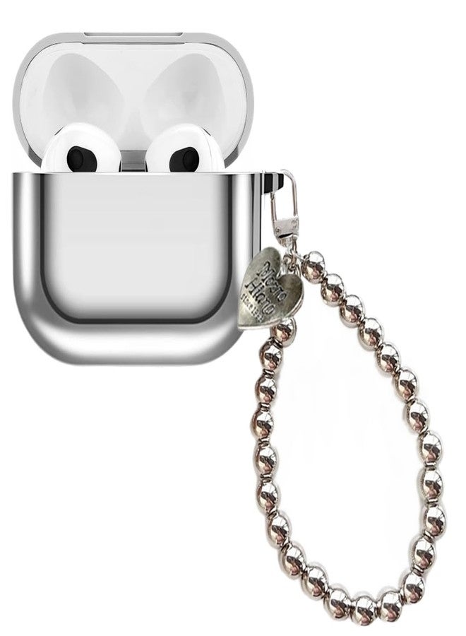 Tomcrazy Cover Compatible with AirPods 3 3rd Generation (2021),Silver Soft TPU Shockproof Protective Skin with Metal Love Heart Beads Pendant Keychain 04 - Image 1