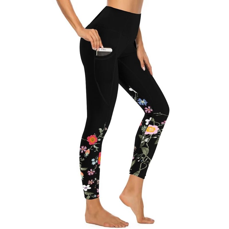 KevaMolly Women's Workout Leggings with Pockets High Waisted Tummy Control No See Through Stretch Activewear Running Yoga Pants, Black Flower L - Image 1