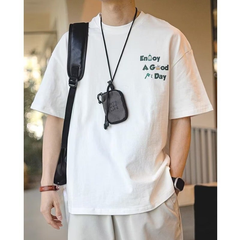 American Fashion Heavy Small Collar Short-Sleeved T-Shirt Men'S Summer Retro Fashion Brand Foaming Printed Half-Sleeved T-Shirt Top - Image 2