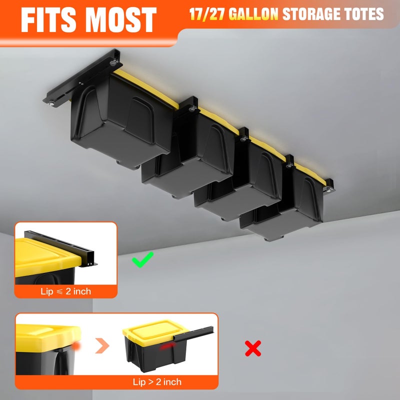 TORACK Garage Ceiling Bin Storage Rack(only fit 16â€ joist), Overhead Tote Storage Rails Heavy Duty Adjustable Tote Slide Rails for 4 Bins(5 pcs 17-inch long rails) - Image 5