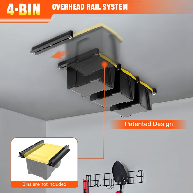 TORACK Garage Ceiling Bin Storage Rack(only fit 16â€ joist), Overhead Tote Storage Rails Heavy Duty Adjustable Tote Slide Rails for 4 Bins(5 pcs 17-inch long rails) - Image 4