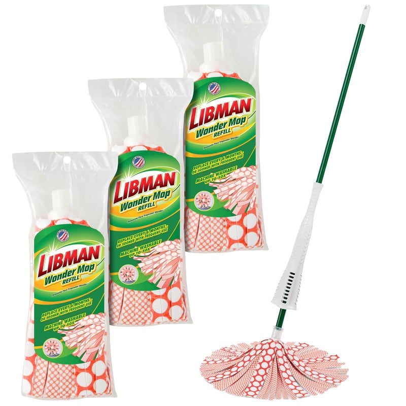 Libman Wonder Mop  Refills Kit  for Tough Messes and Powerful Cleanup  Easy to Wring Long Handled Wet Mop for Hardwood Tile Laminate Includes Three Replacement Heads Machine Washable 62 Inch
