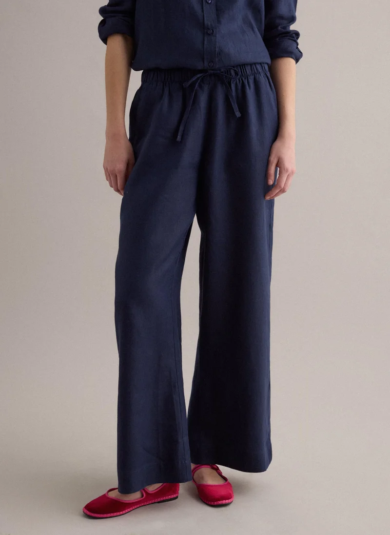 او في اس OVS Blue Pure Linen Drawstring Trousers, Straight Fit