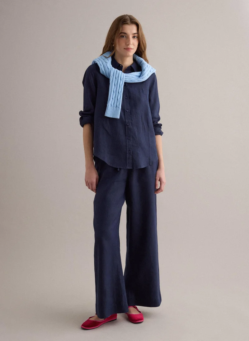 او في اس OVS Blue Pure Linen Drawstring Trousers, Straight Fit