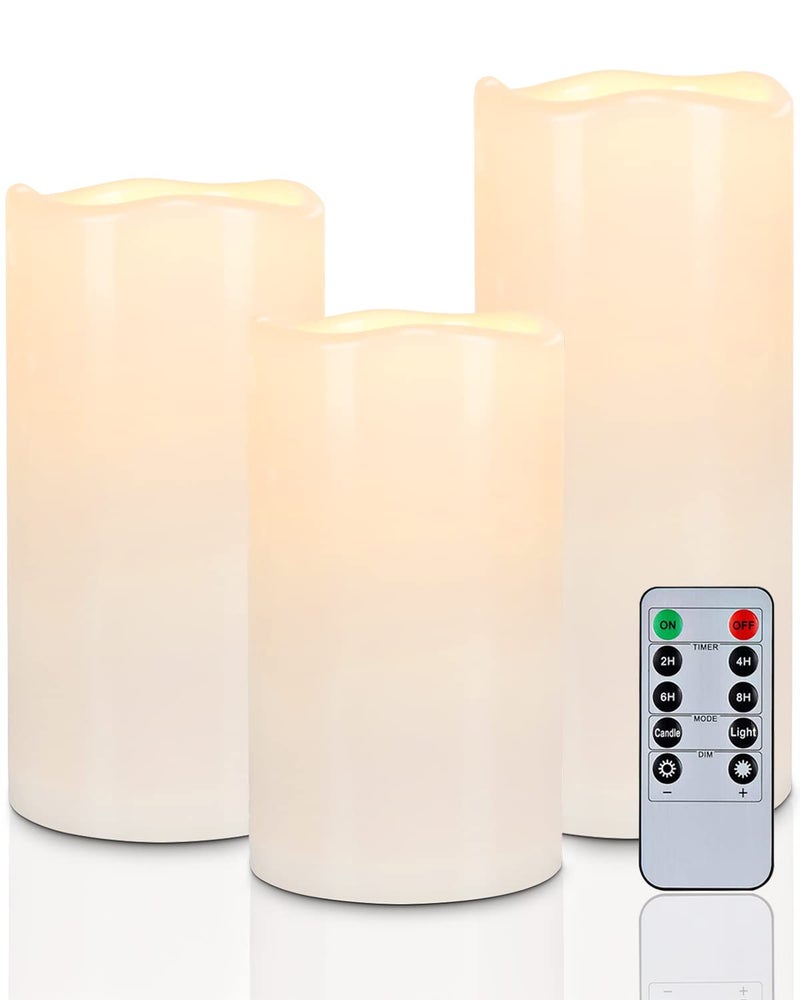 Homemory 6 8 10 x 4 Waterproof Outdoor Flameless Candles Battery Operated Flickering LED Pillar Candles with Remote and Timers for Indoor Plastic Ivory White
