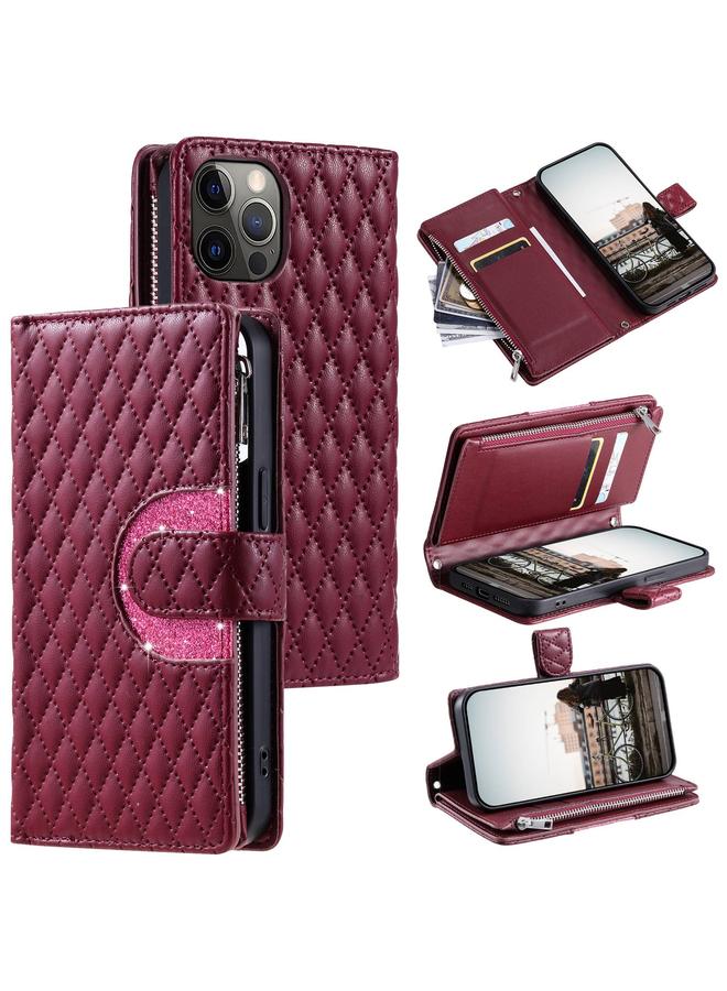 S-TOP Case For iPhone 11 Pro Glitter Lattice Zipper Wallet Leather Phone Case - Image 1