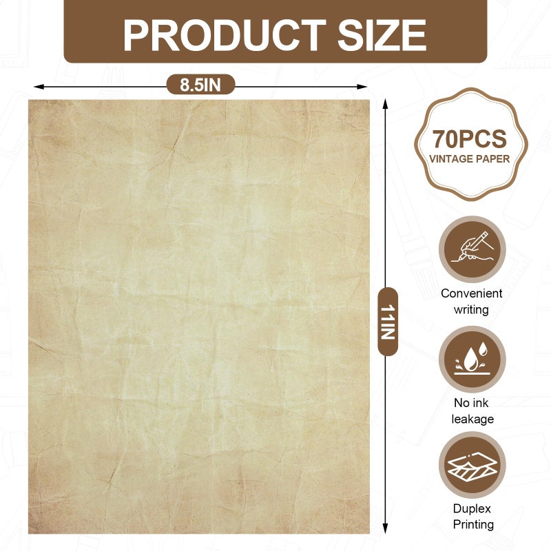 Joyberg 70PCS Vintage Paper 8.5 x 11 in Parchment Paper for Writing Letter writing paper, Decorative Printer Paper for Invitation, Letter, Resume, Award, Diploma, Art, Craft, Certificate Antique Paper - Image 2