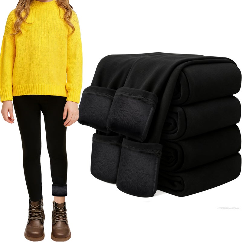 FEQO 2 Pack Girls Fleece Lined Leggings Thick Thermal Tights Full Length Pants Kids Winter Warm Leggings, 6-7 Years (Black) - Image 1