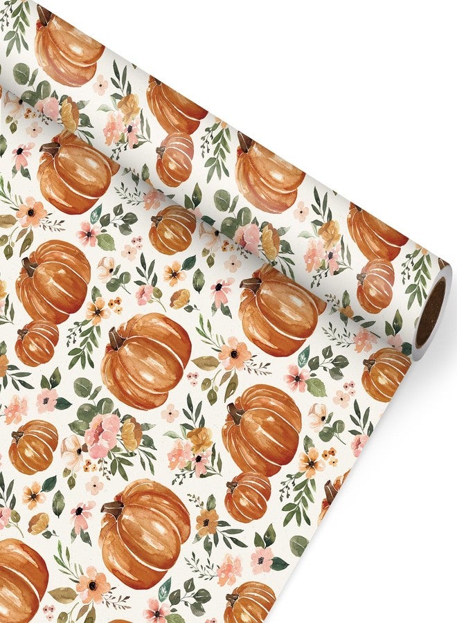 JarThenaAMCS Fall Wrapping Paper Roll 17 In x 32.8Ft Floral Pumpkin Gift Wrap Paper Watercolor Autumn Flower Decorative Art Paper for Thanksgiving Harvest - Image 1