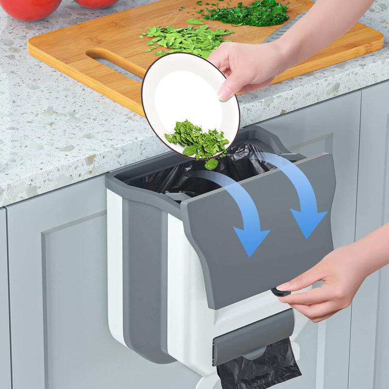 Gintan Foldable Hanging Rubbish Bin with Lid - Kitchen Waste Bin for Home, Camping, and Office (Grey) - Image 2