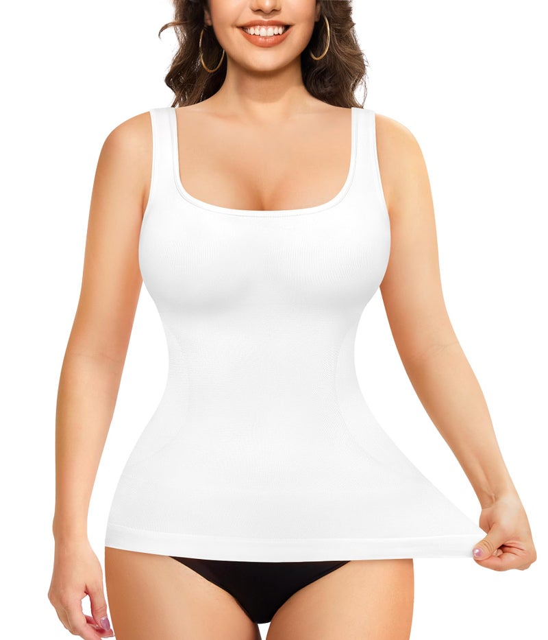 Nebility Shapewear Tank Tops for Women Seamless Compression Tank Top Body Shaper Tummy Control Square Neck Camisole Tops(White,Large) - Image 1