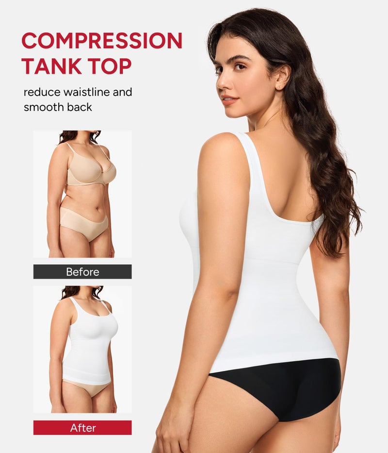 Nebility Shapewear Tank Tops for Women Seamless Compression Tank Top Body Shaper Tummy Control Square Neck Camisole Tops(White,Large) - Image 3