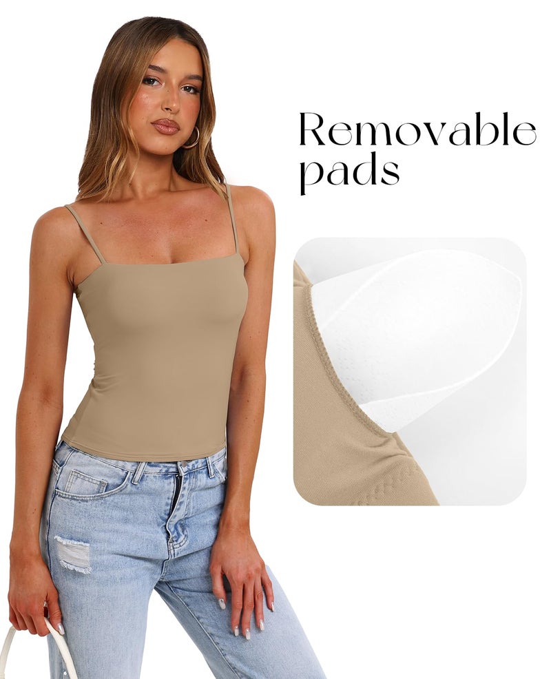 Darong Women Double Lined Square Neck Padded Crop Tank Top Summer Y2K Going Out Basic Sleeveless Cami Shirt 9207 Khaki XS - Image 3