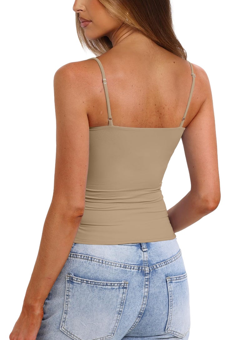 Darong Women Double Lined Square Neck Padded Crop Tank Top Summer Y2K Going Out Basic Sleeveless Cami Shirt 9207 Khaki XS - Image 2
