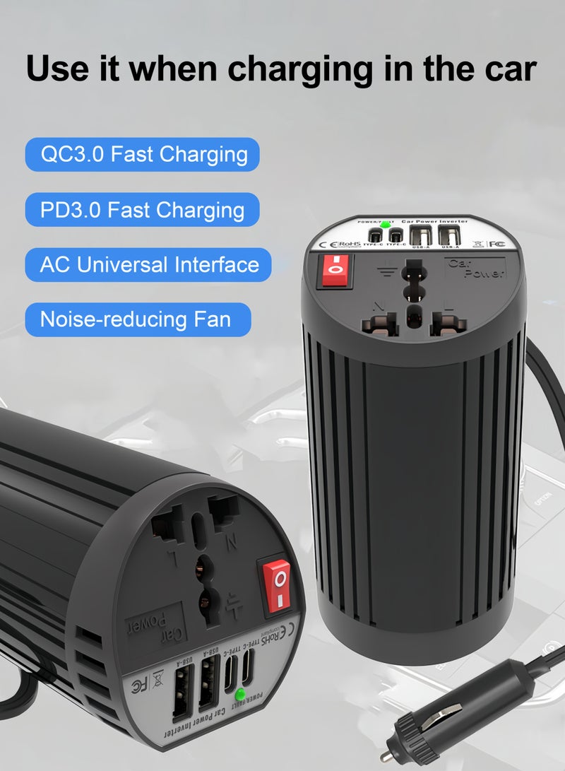 Car inverter 12V, output voltage 220V-230V, Output power 200W-400W, AC power plugs, 2 USB sockets and 2 TYPE-C sockets, 68 x 133 mm - Image 2