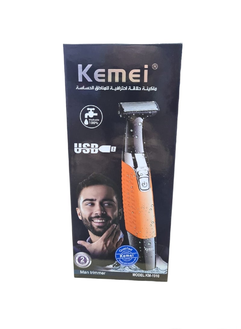 Kemei KM-1910 Professional Waterproof USB Rechargeable Body And Beard Trimmer And Hair Remover For Eyebrows, Facial Hair For Men And Women, Orange Color Saudi Version - Image 2