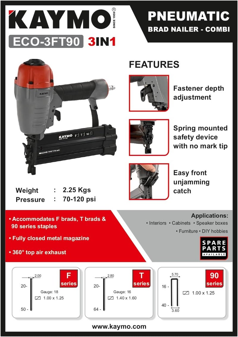 Kaymo ECO-3FT90 Pneumatic Brad Nailer Combi 3-in-1 F+T+90 Accommodates 18g Brads, 16g Brads and 90 Series Staples. - Image 5