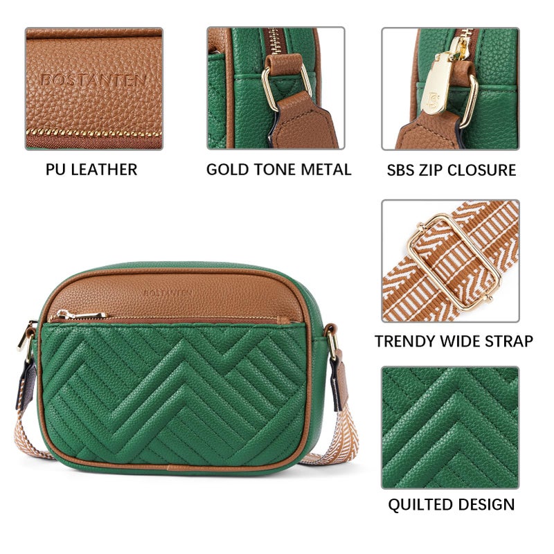 BOSTANTEN Quilted Crossbody Bags for Women Vegan Leather Purses Small Shoulder Handbags with Wide Strap Green with Brown - Image 3