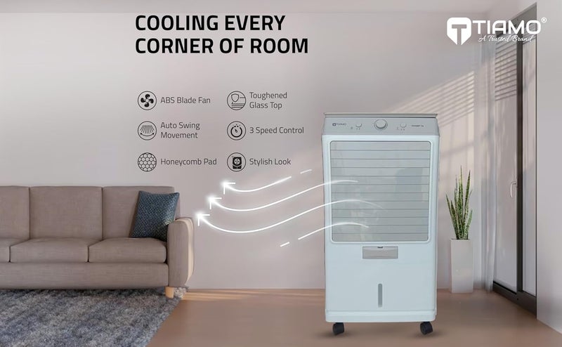 Tiamo Champ 70L Personal Air Cooler Toughened Glass Top Auto Swing Movement Honeycomb Pads Powerful Air Throw and 3 Speed Control 70L tank Stylish White 70L  - Image 4