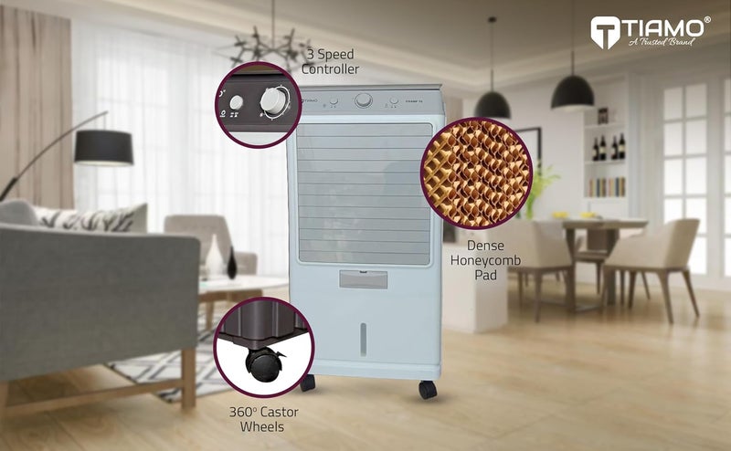 Tiamo Champ 70L Personal Air Cooler Toughened Glass Top Auto Swing Movement Honeycomb Pads Powerful Air Throw and 3 Speed Control 70L tank Stylish White 70L  - Image 5