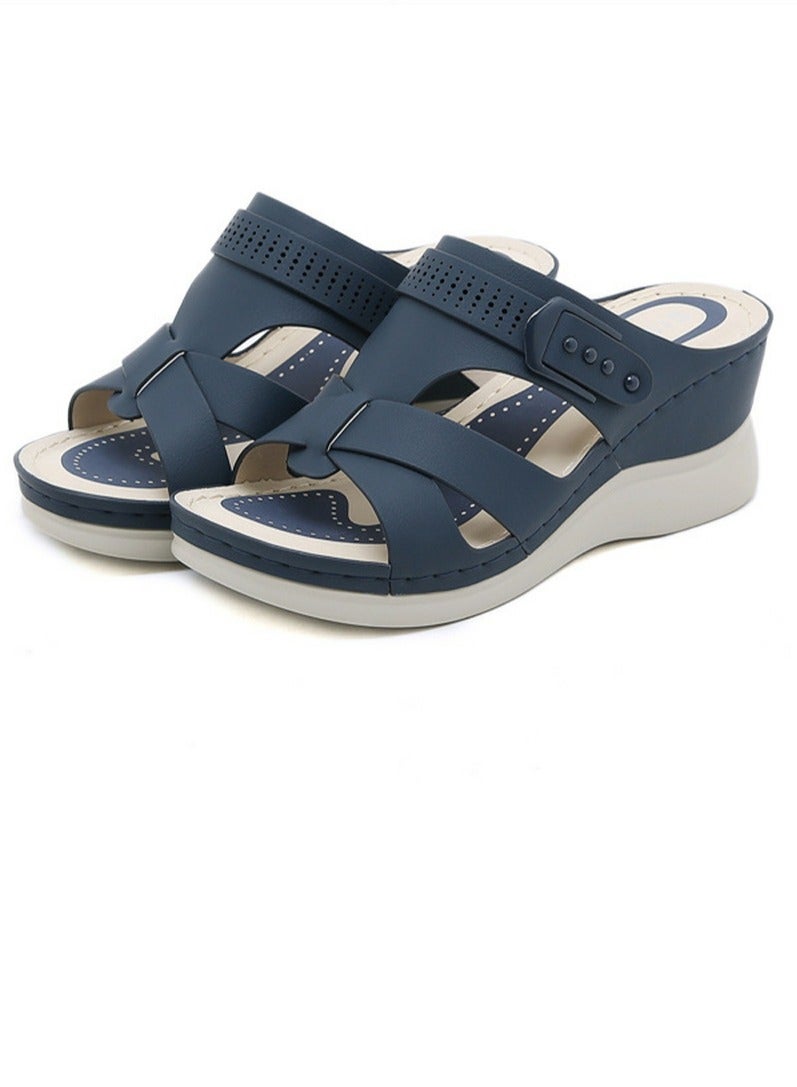Loquat Womens Wedge Sandals Slippers Casual Slip On Summer Shoes Dark Blue  - Image 2