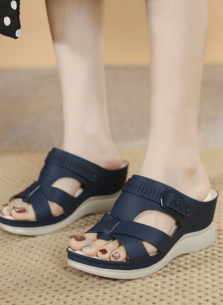 Loquat Womens Wedge Sandals Slippers Casual Slip On Summer Shoes Dark Blue  - Image 3