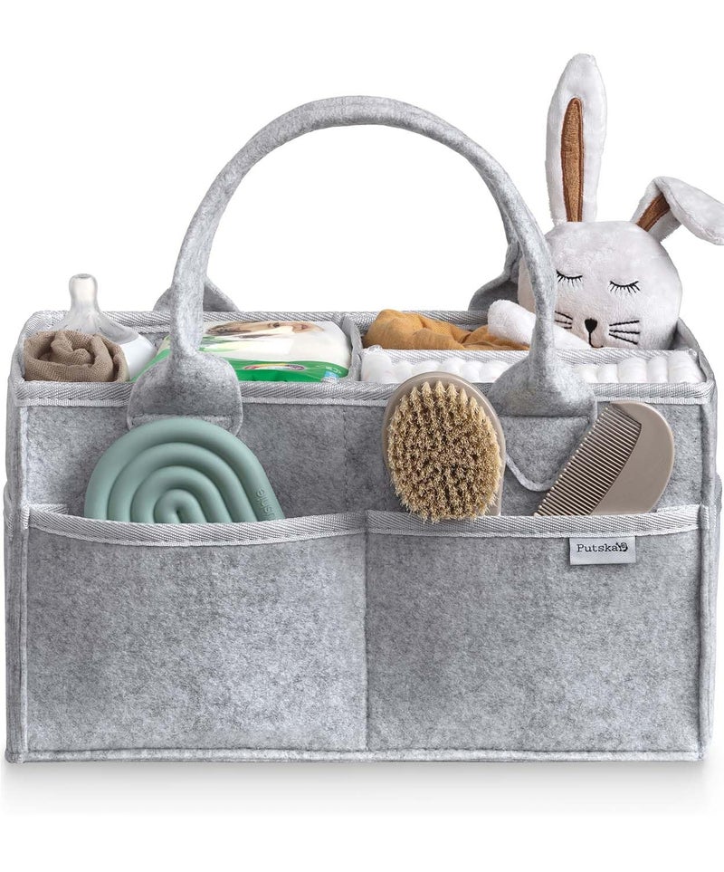 PUTSKA Baby Diaper Caddy Organizer - Nursery Storage Basket for Diaper Station, Baby Basket Shower List and Registry Gift Must-Haves, Newborn Essentials, Nursery Decor for Boy or Girl - Grey, Regular - Image 1