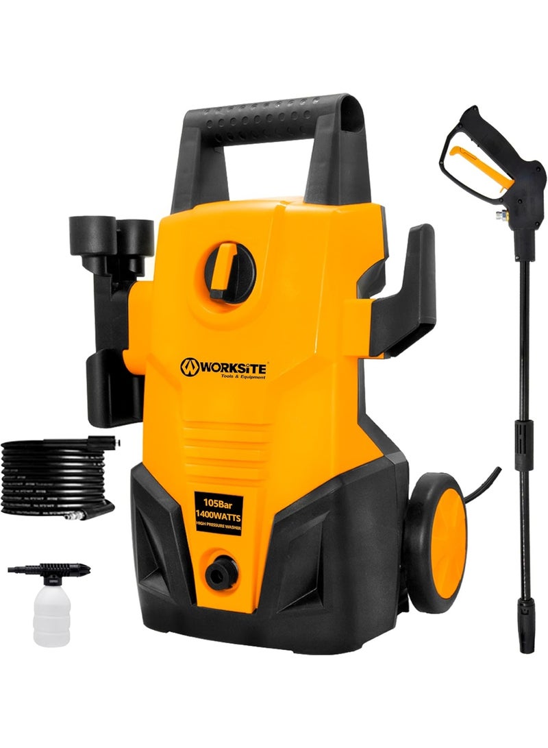 WORKSITE HIGH PRESSURE WORKSITE WASHER 1400W WITH BRUSH MOTOR 105BAR PRESSURE WITH 5.5L/MIN FLOW - Image 1