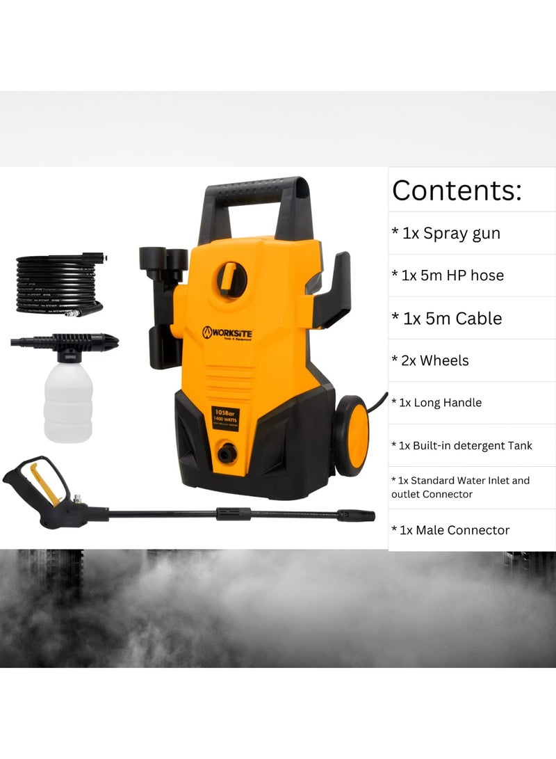 WORKSITE HIGH PRESSURE WORKSITE WASHER 1400W WITH BRUSH MOTOR 105BAR PRESSURE WITH 5.5L/MIN FLOW - Image 2