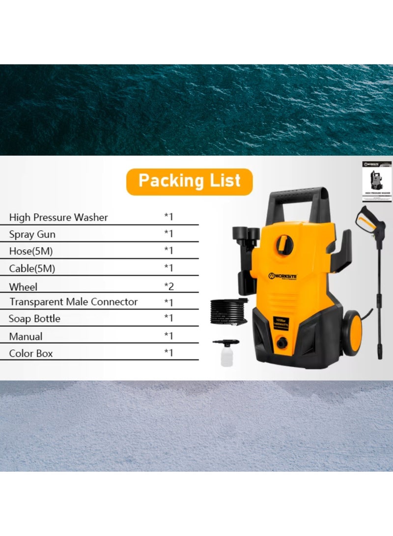 WORKSITE HIGH PRESSURE WORKSITE WASHER 1400W WITH BRUSH MOTOR 105BAR PRESSURE WITH 5.5L/MIN FLOW - Image 3
