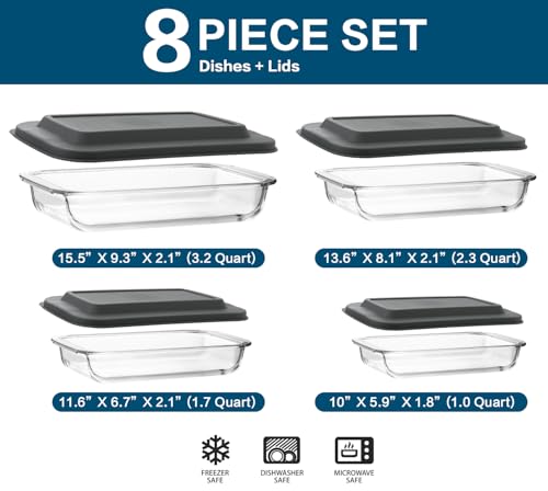M MCIRCO 8-Piece Deep Glass Baking Dish Set with Plastic lids,Rectangular Glass Bakeware Set with Lids, Baking Pans for Lasagna, Leftovers, Cooking, Kitchen, Freezer-to-Oven and Dishwasher, Gray - Image 2