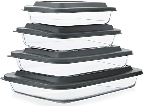 M MCIRCO 8-Piece Deep Glass Baking Dish Set with Plastic lids,Rectangular Glass Bakeware Set with Lids, Baking Pans for Lasagna, Leftovers, Cooking, Kitchen, Freezer-to-Oven and Dishwasher, Gray - Image 1