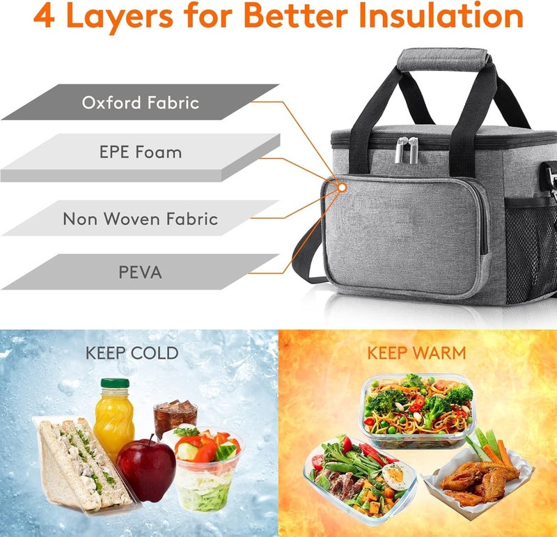 HIMART Lunch Box Bag Compact Cooler Bag Tiffin Bag Storage Bag Leakproof HotCold for Girls Boys Men Women for Work School Travel Grey 24 LiterExtra Large Size - Image 4