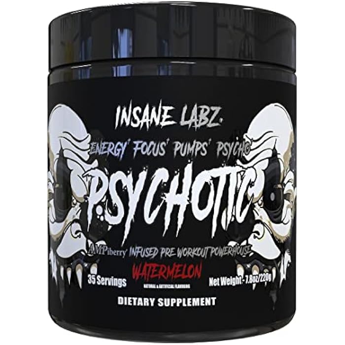 Insane Labz Psychotic Black Edition Mid Stimulant Pre Workout Powder, Energy Focus Pumps, Loaded with Creatine Beta Alanine Taurine Fueled by AMPiberry, 35 Servings (Watermelon) - Image 1
