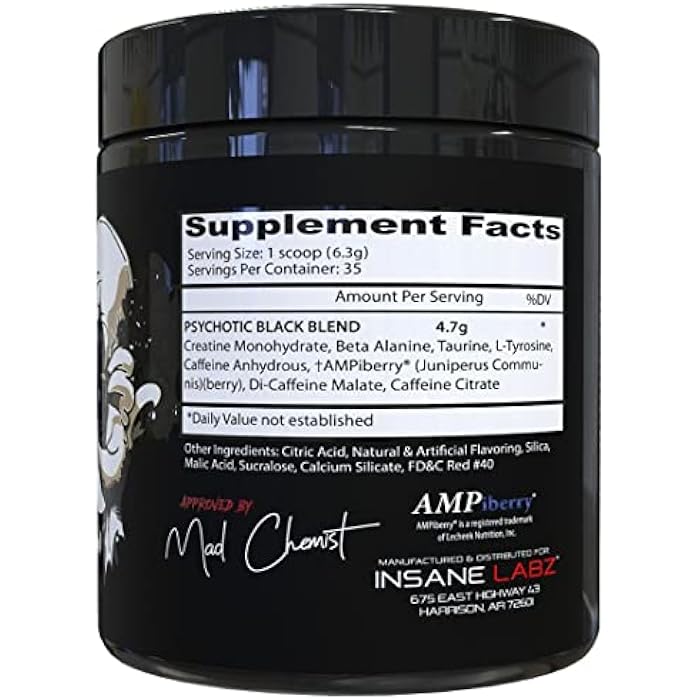Insane Labz Psychotic Black Edition Mid Stimulant Pre Workout Powder, Energy Focus Pumps, Loaded with Creatine Beta Alanine Taurine Fueled by AMPiberry, 35 Servings (Watermelon) - Image 2