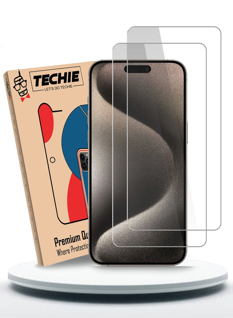 Techie 2 Pack HD Tempered Glass Screen Protector for Apple iPhone 15 Pro max - Anti Reflection Anti Bubbles 9H Hardness 0.33 mm Rounded Edges Easy Installation - Image 1