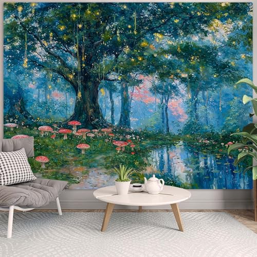 Haibimen Monet Nature Forest Tapestry Wall Hanging Green Tree Mushroom Landscape Tapestries for Bedroom Watercolor Aesthetic Wallpaper Decor for Living Room (forest-1, 48''×36'') - Image 3