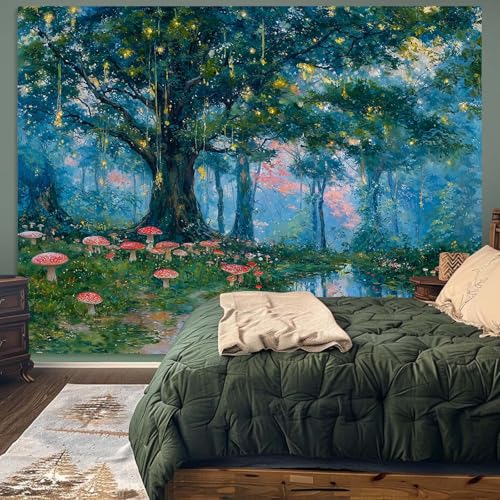 Haibimen Monet Nature Forest Tapestry Wall Hanging Green Tree Mushroom Landscape Tapestries for Bedroom Watercolor Aesthetic Wallpaper Decor for Living Room (forest-1, 48''×36'') - Image 4