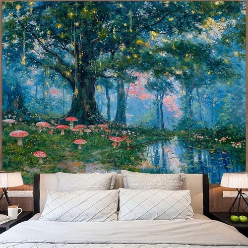 Haibimen Monet Nature Forest Tapestry Wall Hanging Green Tree Mushroom Landscape Tapestries for Bedroom Watercolor Aesthetic Wallpaper Decor for Living Room (forest-1, 48''×36'') - Image 2
