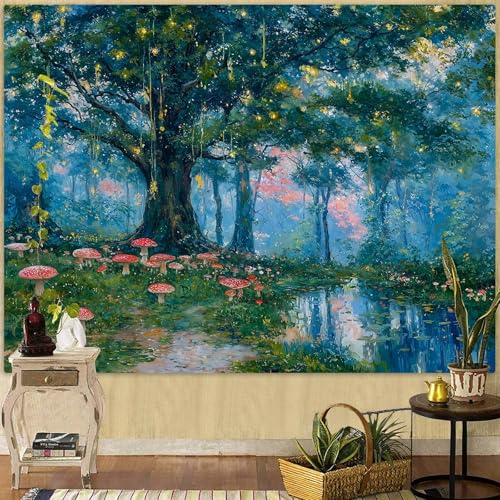 Haibimen Monet Nature Forest Tapestry Wall Hanging Green Tree Mushroom Landscape Tapestries for Bedroom Watercolor Aesthetic Wallpaper Decor for Living Room (forest-1, 48''×36'') - Image 1
