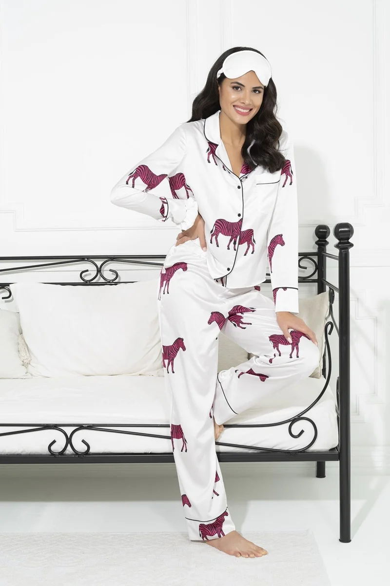 For You Sleepwear 6-Piece Zebra Pattern Ecru Satin Pajama Set S27218