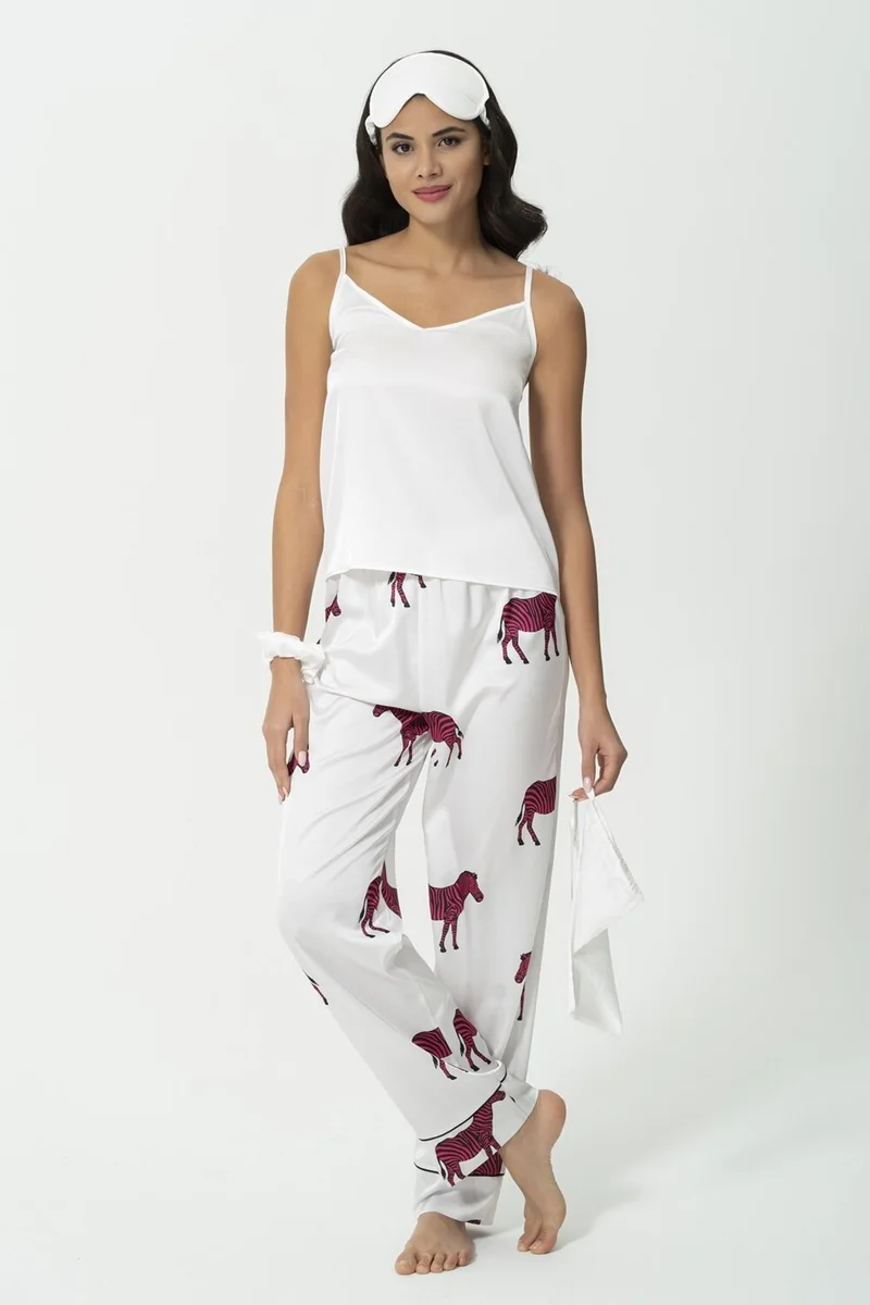 For You Sleepwear 6-Piece Zebra Pattern Ecru Satin Pajama Set S27218