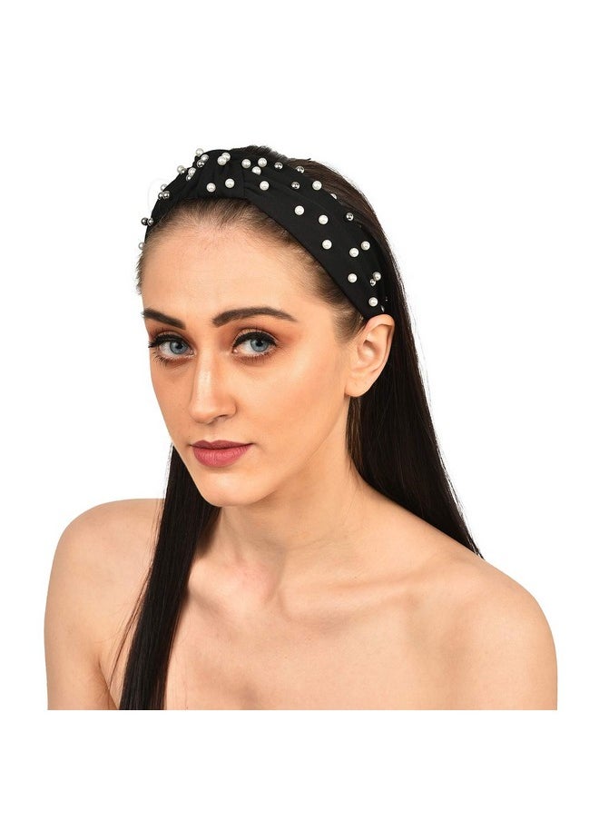 Vogue Hair Accessories - Solid Fancy Party Fabric Knot Plastic Hairband Headband For Girls And Women (Black) - Image 1