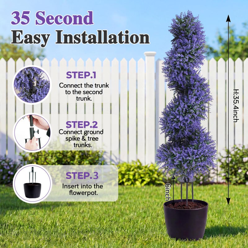 PATIO CHOICE 3ft Artificial Topiary Spiral Trees with Lavender Set of 2 36" High End Outdoor Faux Plants Realistic Large Fake Bushes Lifelike Lilac Shrubs Decorations for Outdoor Indoor Front Porch Garden - Image 3