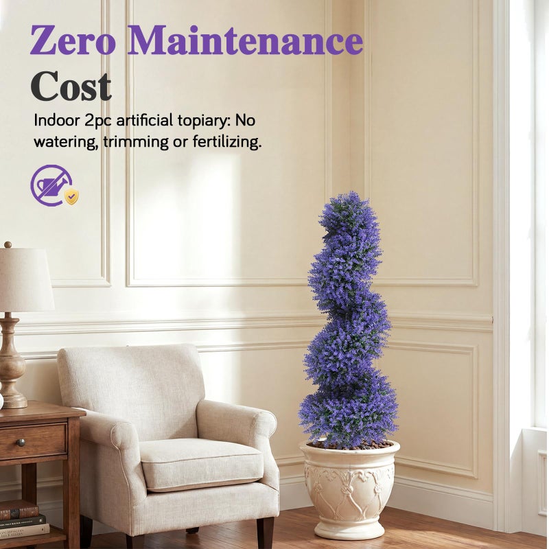 PATIO CHOICE 3ft Artificial Topiary Spiral Trees with Lavender Set of 2 36" High End Outdoor Faux Plants Realistic Large Fake Bushes Lifelike Lilac Shrubs Decorations for Outdoor Indoor Front Porch Garden - Image 4