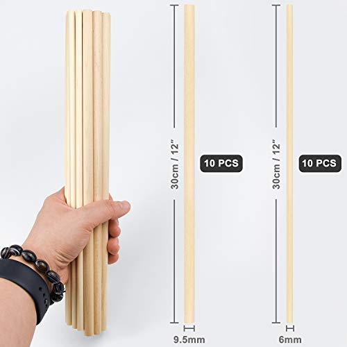 Thyores 20 Pcs Wooden Dowel Rods for Craft, Unfinished Natural Wood Craft Dowel Sticks 1/4 Inch / 2/5 Inch x 12 Inch - Image 2