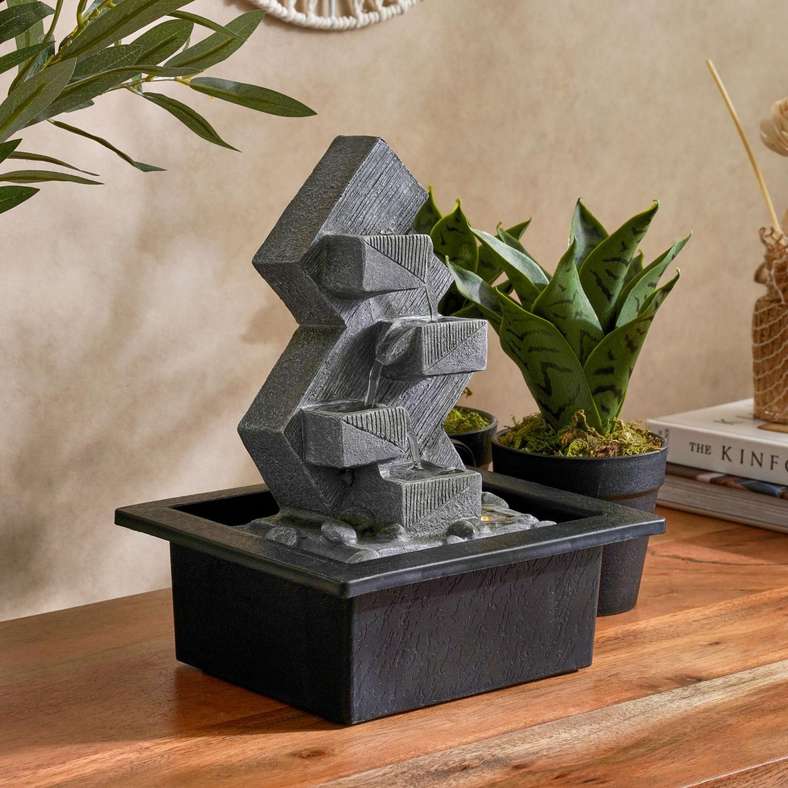 Tyzen Polyresin Table Fountain with Yellow light 21x17x25cm- Grey