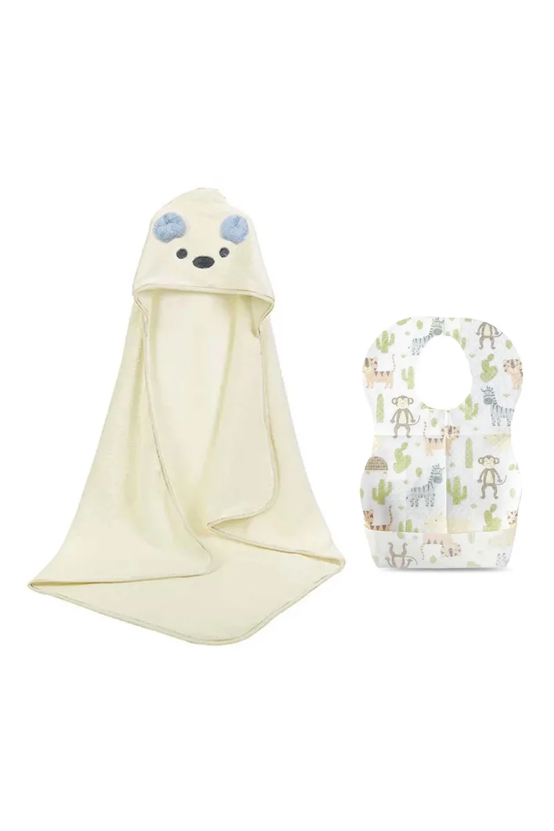 ستار بيبيز Star Babies - White Microfiber Hooded Towel w/ Disposable Bibs 10pcs - Animal Print