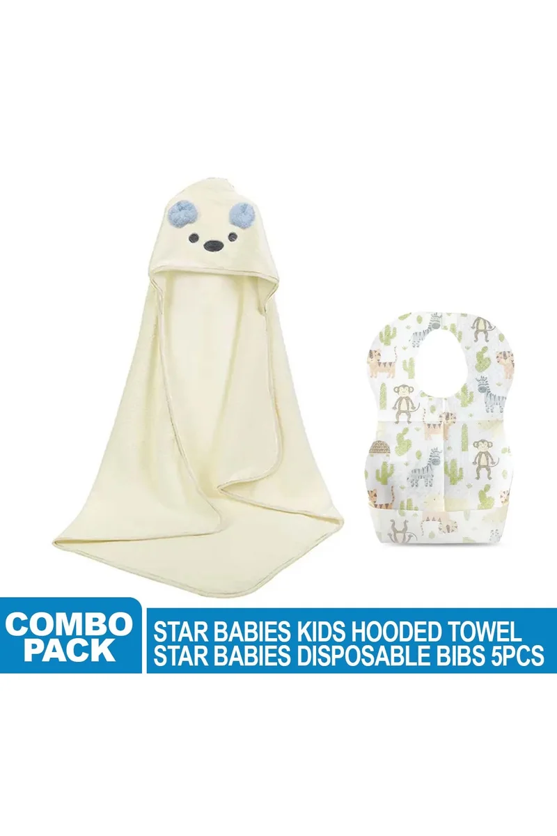 ستار بيبيز Star Babies - White Microfiber Hooded Towel w/ Disposable Bibs 10pcs - Animal Print