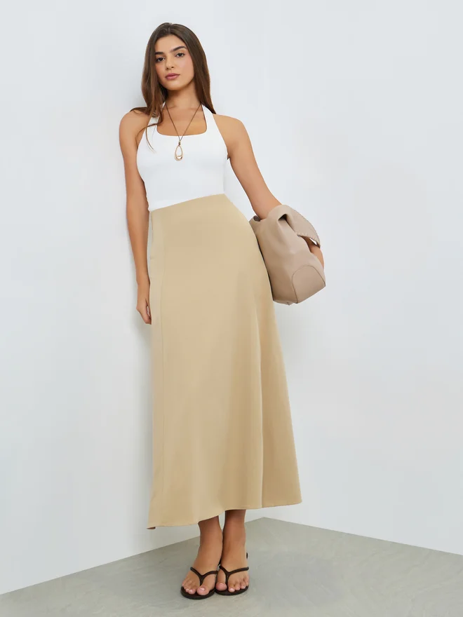 Styli Styli Beige Solid A-Line Maxi Skirt